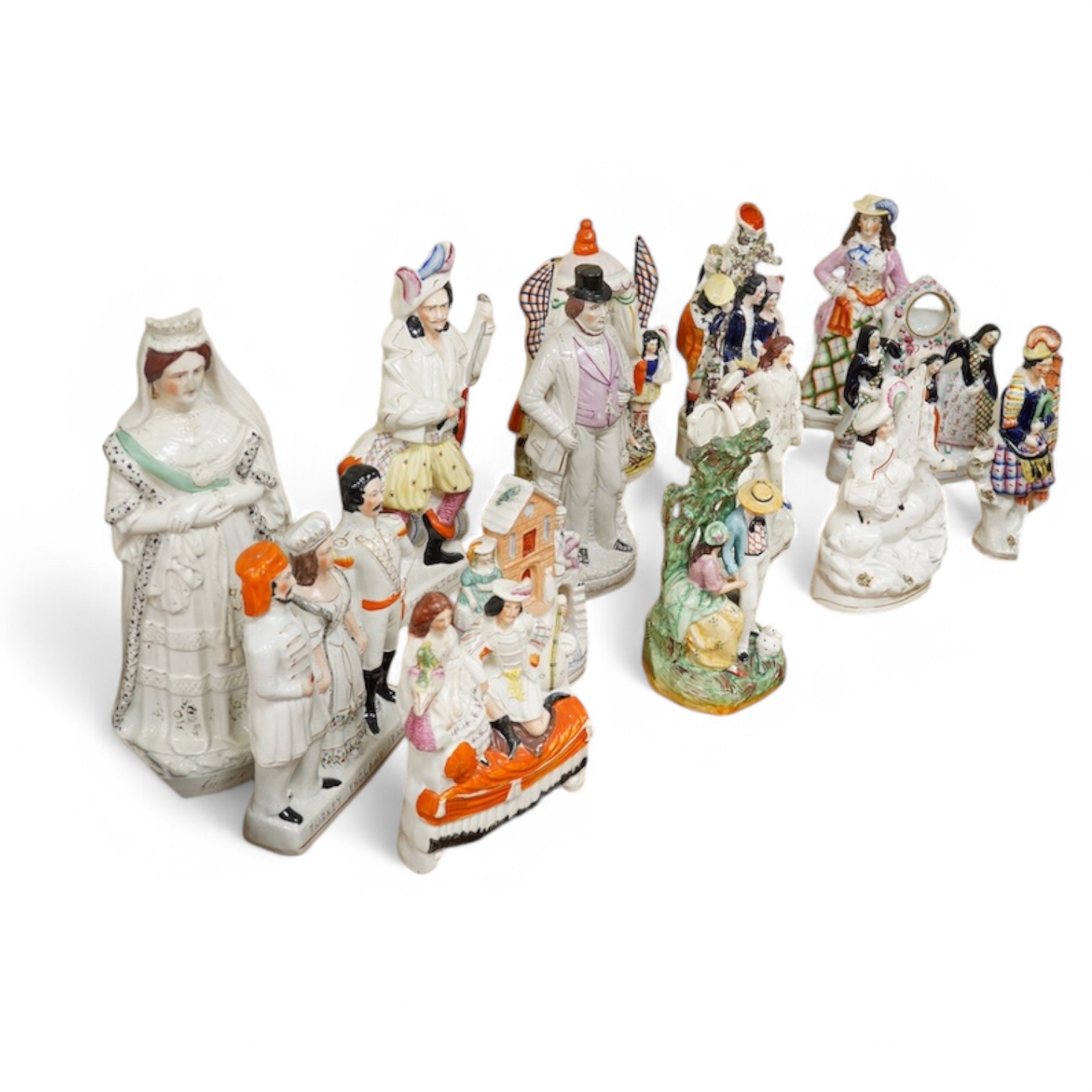 Fourteen various large Staffordshire figures, tallest 43cm. Condition - varies